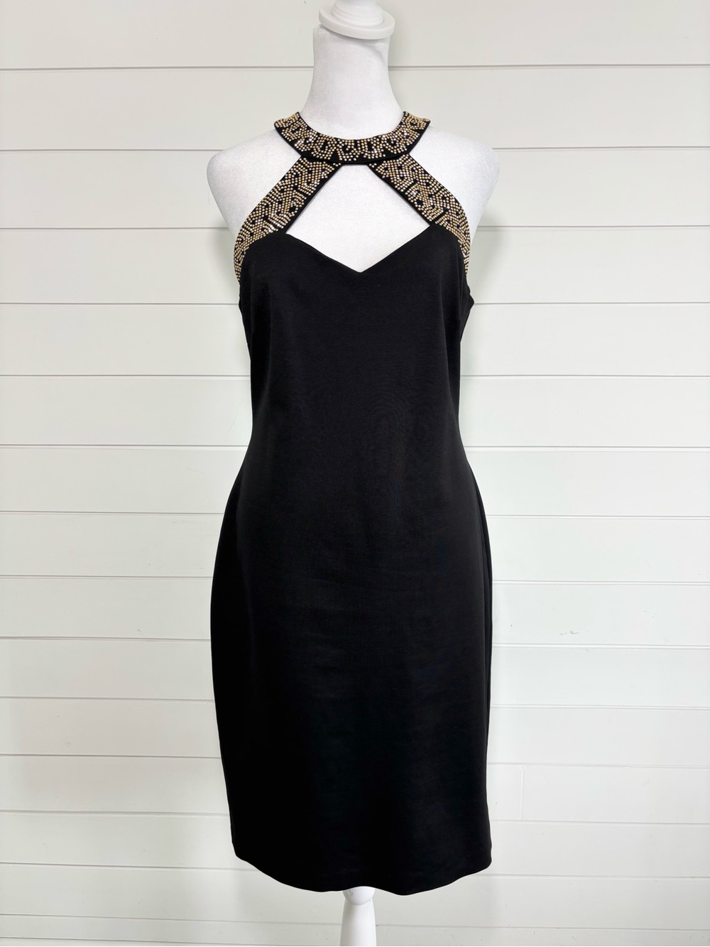 Cache 90s Black Studded Gold Bodycon Halter‎ Mini Dress size 12